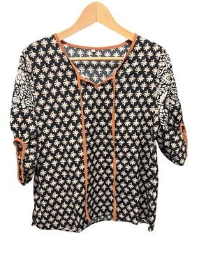 Black and Cream Printed V-Neck Women's Top with Orange Trim
